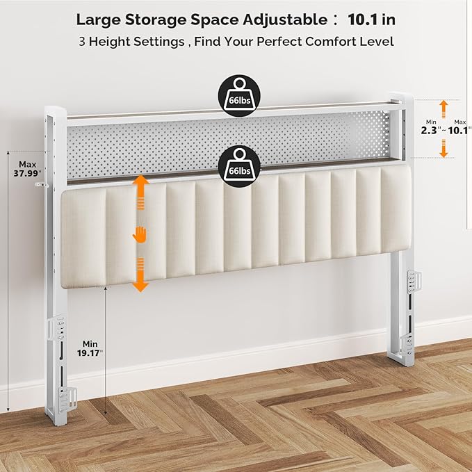 VINGLI King Size Headboard Only, Adjustable Upholstered Headboard with 2 Tier Shelves and Pegboard with Charging Stations and LED Lights, Modern Bed Headboard with Storage for Bedroom Decor