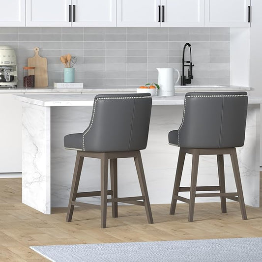 CHITA Counter Height Swivel Bar Stools Set of 2, FSC Certified Upholstered Counter Stools, Modern Swivel Barstools with Wood Legs for Kitchen Island, 26" Seat Height, Faux Leather in Black