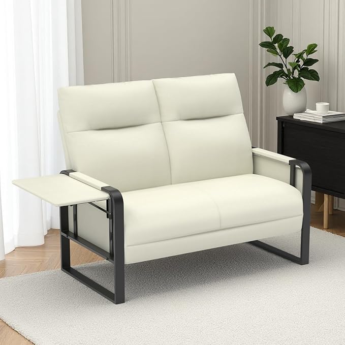 Faux Leather Loveseat, Upholstered Loveseat with Side Tray Table & Storage Pocket, Small Loveseat for Living Room, Modern 2 Seater Sofa Couch for Small Spaces, Bedroom, Beige