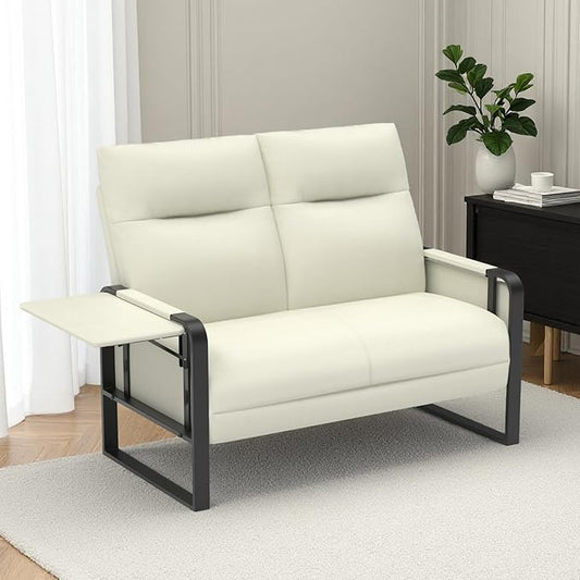 Faux Leather Loveseat, Upholstered Loveseat with Side Tray Table & Storage Pocket, Small Loveseat for Living Room, Modern 2 Seater Sofa Couch for Small Spaces, Bedroom, Beige