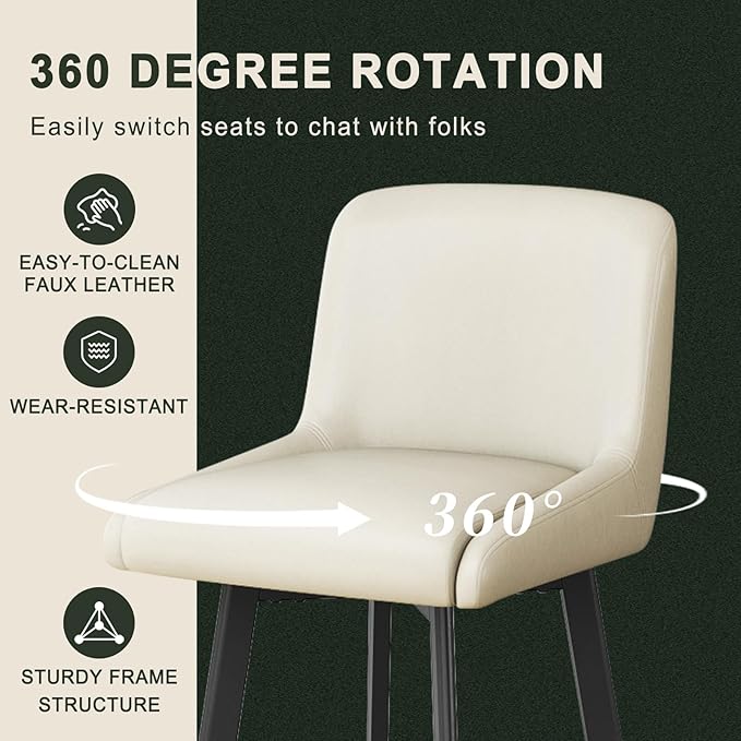 Swivel Bar Stools, 30''H Upholstered Barstools with Backs, Modern Counter Height Bar Stool Chairs for Kitchen Island, Metal Legs (Beige- Faux Leather, Set of 4-30" H)