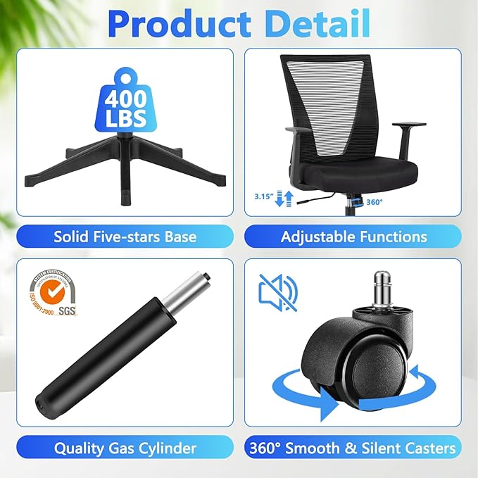 CLATINA Home Office Chair Ergonomic Desk Chair Mesh Computer Chairs with Armrests Executive Rolling Wheels Swivel Heavy Duty Chairs Office, Home, Black 2 Pack