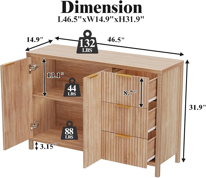 Fluted Sideboard Buffet Cabinet, 46.5" Modern Storage Cabinet with 2 Doors & 3 Drawers, Sideboard Console Table for Entryway,Living Room,Kitchen,Dinning Room-Natural Oak