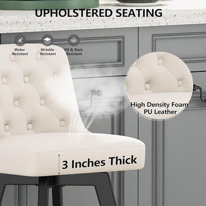 MINCETA Bar Stools Set of 4, PU Leather Barstools, 26 Inch Upholstered Counter Stools with Low Tufted Back and Footrest, Swivel Counter Height Barstools for Kitchen Island Home Bar White