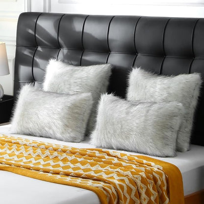 FUTEI Black White Decorative Throw Pillow Covers 20x20 Inch Set of 2,Soft Fluffy Faux Fox Fur Textured Cushion Case,Modern Home Decor for Couch Living Room
