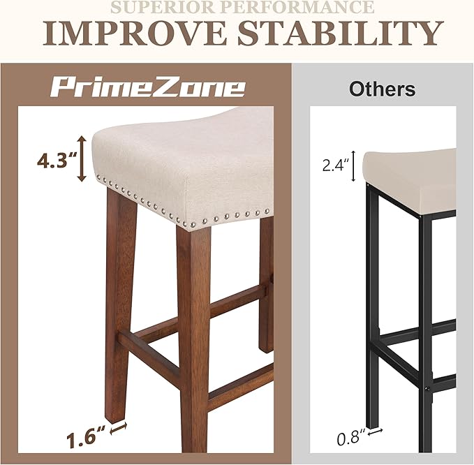 PrimeZone Counter Height Bar Stools Set of 3 - Backless Saddle Barstools with 4.3" Thick Upholstered, Nailhead Trim Linen Fabric & Solid Wood Legs, 26 Inch Counter Stools for Kitchen Island, Beige