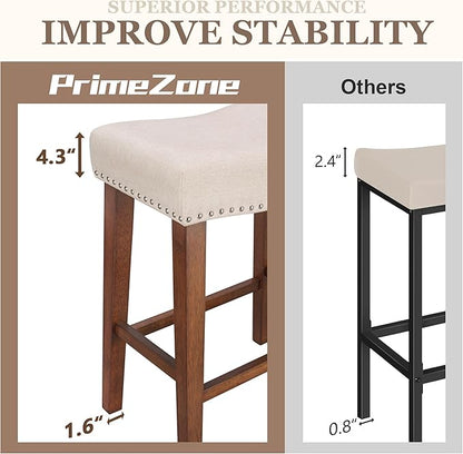 PrimeZone Counter Height Bar Stools Set of 2 - Backless Saddle Barstools with 4.3" Thick Upholstered, Nailhead Trim Linen Fabric & Solid Wood Legs, 26 Inch Counter Stools for Kitchen Island, Beige