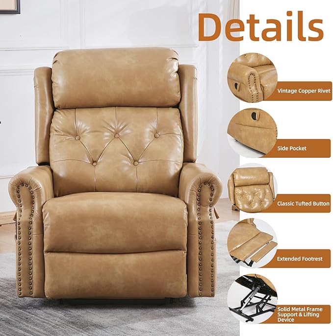Large Power Lift Recliner Chair for Elderly, Oversized Lay Flat Lift Chair with Adjustable Headrest, Leather Recliner Chairs with Massage and Heat, Infinite Position,Extended Footrest,Beige