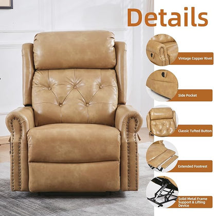 Large Power Lift Recliner Chair for Elderly, Oversized Lay Flat Lift Chair with Adjustable Headrest, Leather Recliner Chairs with Massage and Heat, Infinite Position,Extended Footrest,Beige