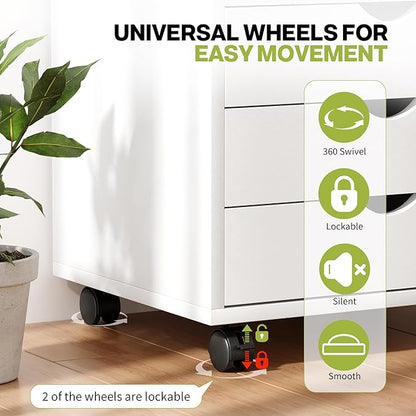 5 Drawer Chest, Storage Cabinet Dressers with Wheels, Dressers Storage Cabinets, Dresser Mobile Cabinet with Wheels, Room Organizer, Drawers Wood Organization Furniture for Office, Home, White