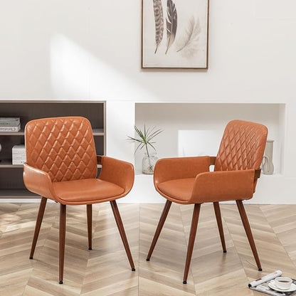 LUNLING Mid Century Modern Dining Room Chairs Set of 2 Accent Faux Leather Kitchen Chair Bentwood Frame with Armrest,Upholstered Seat,Metal Legs Chairs,Adjustable Foot for Kitchen Dining Desk(Orange)
