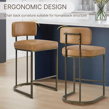 26" H Counter Height Bar Stools Set of 3, Modern Faux Leather Upholstered Barstools with Backrest for Kitchen Island, Gold Metal Frames, Brown