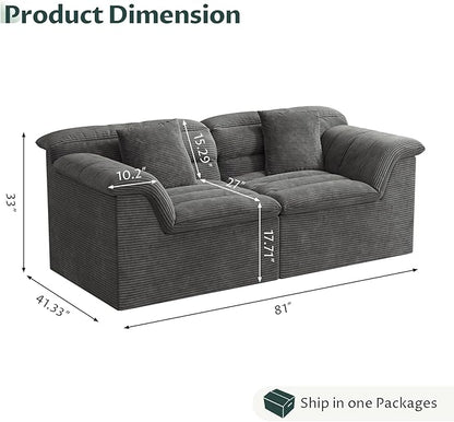 81" Sofa with Deep Seats Oversize, 2 Seater Cloud Couches, Upholstered Corduroy Loveseat for Living Room Bedroom, No Assembly Required, Dark Gray