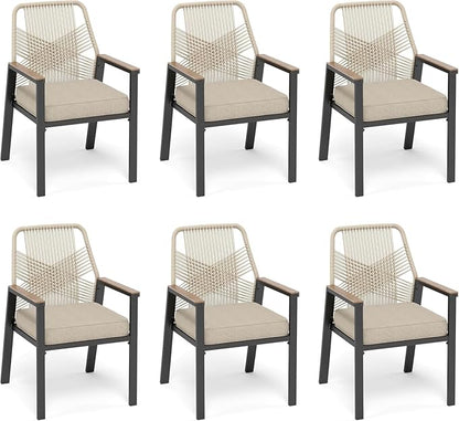 Patio Dining Chairs Set of 6, Heavy-Duty Woven Rope Outdoor Chairs with Waterproof Cushion and Wrought Iron Frame, All-Weather Outside Seating for Kitchen Garden Deck Backyard