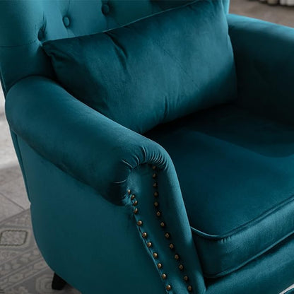 chairus Mid-Century Modern Accent Chair with Ottoman, Comfy Velvet Single Sofa Chair Button Tufted Wingback Armchair with Pillow for Living Room/Bedroom/Club - Teal