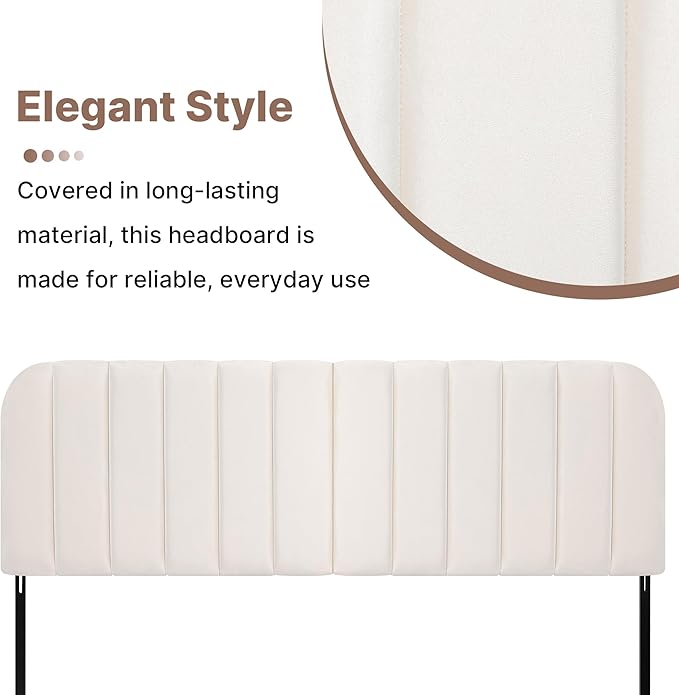 Upholstered Headboard - Striped Interval - Adjustable Height - Metal Legs - Bed Frame (Beige, Queen (U.S. Standard))