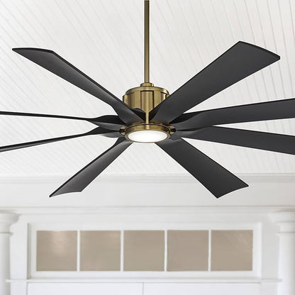 Possini Euro Design 70" Defender Modern Outdoor Ceiling Fan with LED Light Remote Control Soft Brass Matte Black Damp Rated for Patio Exterior House Home Porch Gazebo Garage Barn