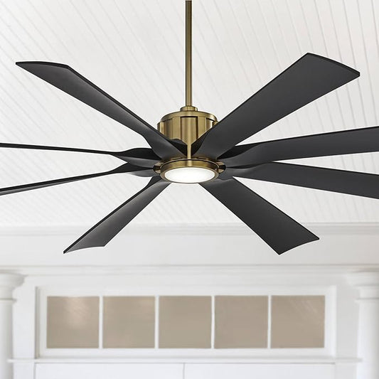 Possini Euro Design 70" Defender Modern Outdoor Ceiling Fan with LED Light Remote Control Soft Brass Matte Black Damp Rated for Patio Exterior House Home Porch Gazebo Garage Barn