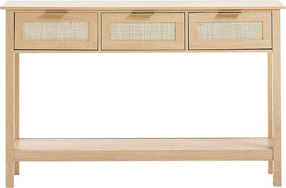 VEVOR Rattan Console Table, Entryway Table with 3 Storage Drawers, Hallway Table with Natural Rattan Sliding Door, Console Sofa Table for Living Room, Study, Entryway Or TV Wall, Natural