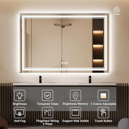 60x40 Inch LED Bathroom Mirror with Lights, Backlit and Front Lighted Bathroom Mirrors for Wall, Anti-Fog Dimmable Memory Shatterproof LED Vanity Mirror for Bathroom