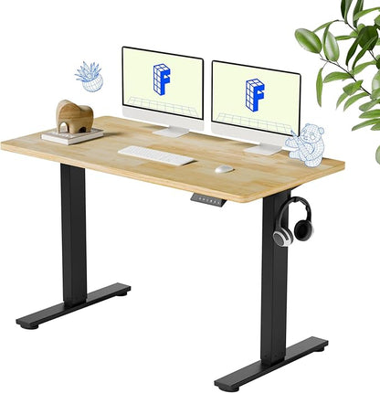 FLEXISPOT EN1 One-Piece Solid Wooden Standing Desk 48 x 24 Inches Height Adjustable Electric Sit Stand Home Office Desks (Black Frame + Rubber Wood Top, 2 Packages)