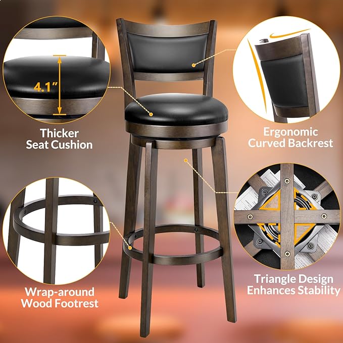 PrimeZone Swivel Bar Stools Set of 4, 34 Inch Extra Tall Bar Height Barstools, Black Faux Leather Bar Stool with High Backrest, Solid Wood Leg, Wrap-Around Footrest, Counter Stools for Pub