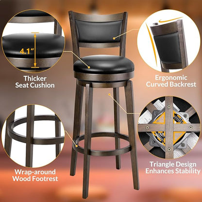 PrimeZone Swivel Bar Stools Set of 6, 34 Inch Extra Tall Bar Height Barstools, Black Faux Leather Bar Stool with High Backrest, Solid Wood Leg, Wrap-Around Footrest, Counter Stools for Pub