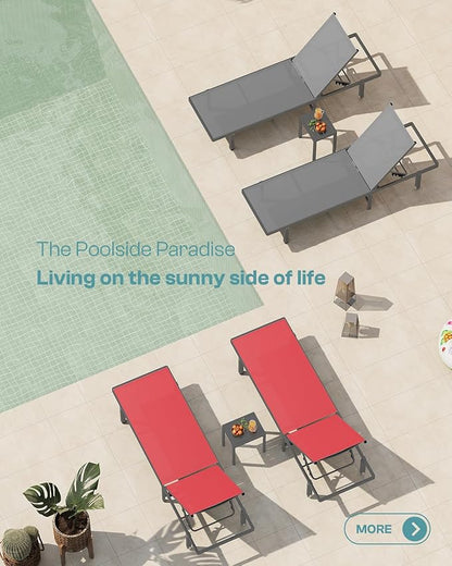 Pool Lounge Chairs Set of 2，Outdoor Lounge Chairs with Wheels and 5-Position Recliner -Easy to Move- Aluminum Patio Lounge Chair for Poolside, Deck (Red)