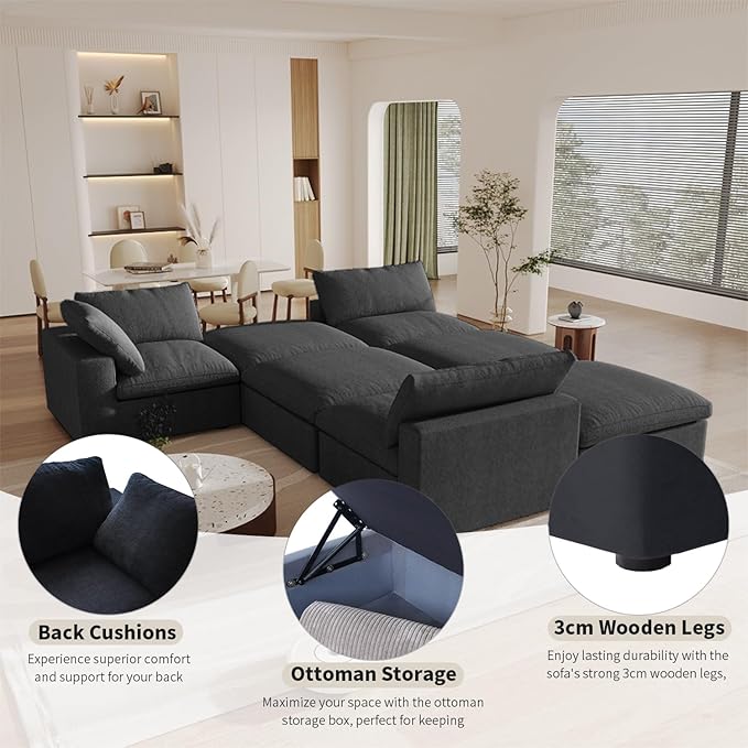 Cloud Couch Modular Sectional Sofa,160.6" Down Filled Sofa with Storage Ottoman,Modern U Shaped Couch 6 Seater, Black Convertible Sectional Sofa for Living Room,Covers Removable & Washable