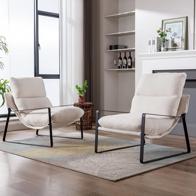 Mid-Century Accent Chair, Comfy Sherpa Fabric Side Chair with Armrest, Upholstered Leisure Chair with Black Metal Frame for Living Room Bedroom Reception Room, White