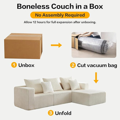 100.7" Boneless Couches for Living Room, Fully Memory Foam Sofa with Deep Seat, L Shape Sectional Couch Corduroy Fabric, Compressed Sofa in a Box,No Assembly Required (Beige, Right Facing Chaise)