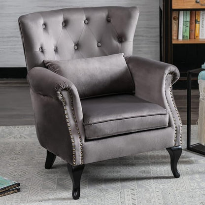 Accent Reading Arm Chairs for Living Room Bedroom, Midcentury Modern Comfy Corner Sofa Chair, Wingback Waiting Room Club Chair with Button Tufted Back &Lumbar Pillow, Velvet Grey