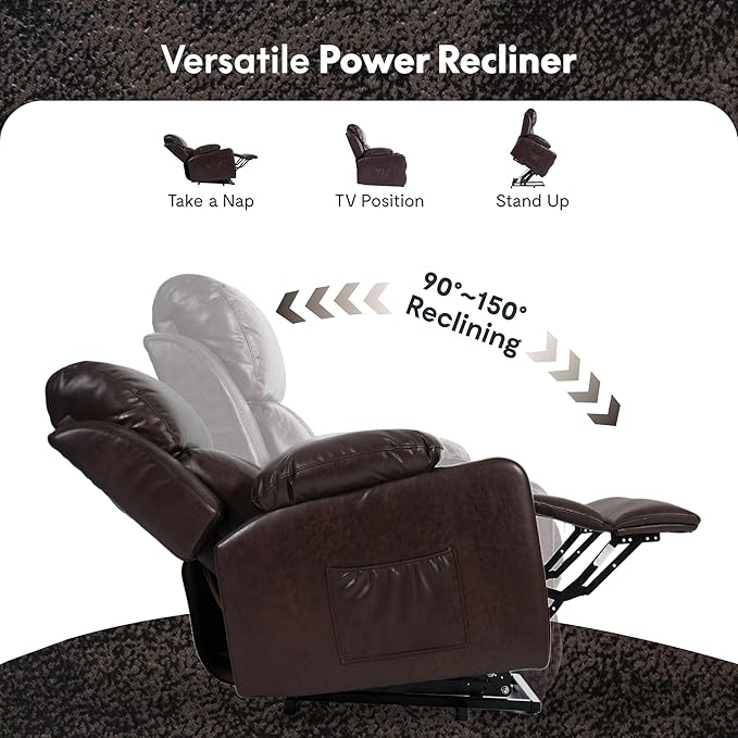 FLEXISPOT XL31-L Power Lift Recliner Chair for Elderly, Electric Lift Chair with Massage & Heat, PU Leather Reclining Sofa with Cup Holders, Side Pockets for Living Room Bedroom(Large Size, Pecan)