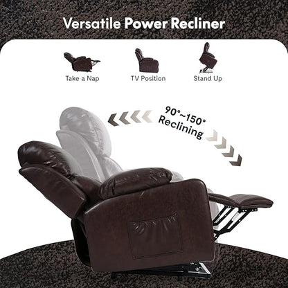 FLEXISPOT XL31-L Power Lift Recliner Chair for Elderly, Electric Lift Chair with Massage & Heat, PU Leather Reclining Sofa with Cup Holders, Side Pockets for Living Room Bedroom(Large Size, Pecan)