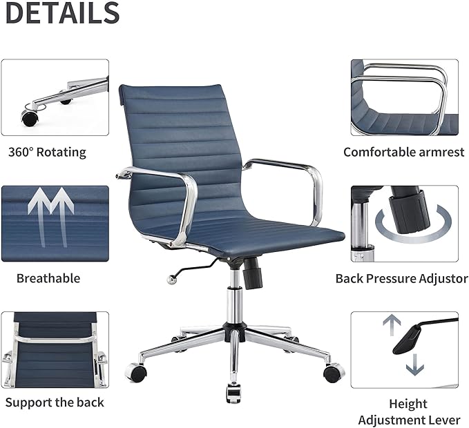 Office Desk Chair,Modern Conference Room Task Chairs,Leather Computer Swivel Excutive Ribbed Ergonomic Rolling Chair for Home Office Desk Chair （Navy）
