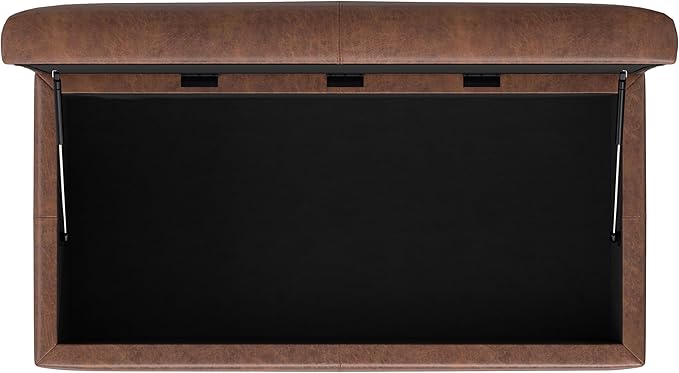 SIMPLIHOME Gabbie 48 inch Wide Contemporary Rectangle Rectangular Storage Ottoman in Distressed Saddle Brown Vegan Faux Leather, Assembled, for The Living Room, Entryway and Family Room