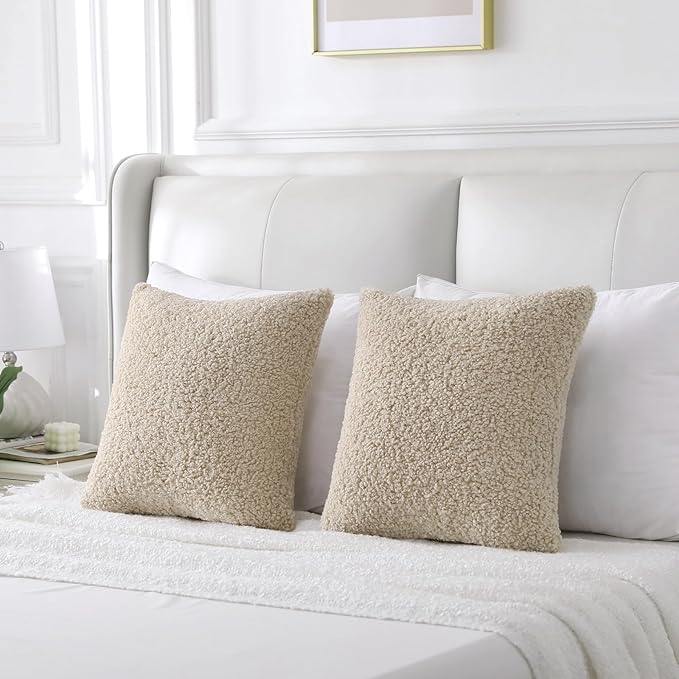 FUTEI Beige Throw Pillow Covers 20x20 Inch Set of 2,Furry Faux Fur Teddy Boucle Textured Cushion Covers,Soft Fluffy Decorative Pillow Case,Home Decor for Couch Bed Living Room Office Car