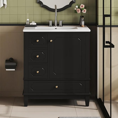 Bathroom Vanity with Ceramic Sink 30 inch, Multi-Functional Storage Cabinet with Drawers and Door Shelf, Solid Wood Frame, Soft-Closing Door, Black