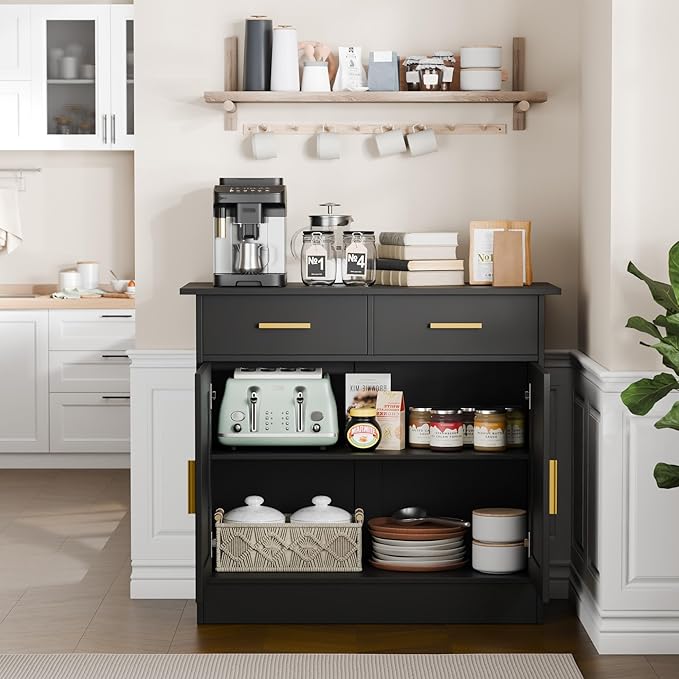 Buffet Cabinet with Storage - Buffets & Sideboards Kitchen Storage Cabinet, Wood Console Table Coffee Bar Accent Cabinets for Living Room Dining Room Entryway Small 2 Doors & Drawers, Black 35.4"W