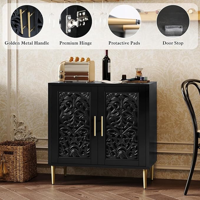 ARTPOWER Vintage Accent Cabinet with 2 Doors, Hollow Carving Buffet Cabinet, Sideboards and Buffets with Storage, Credenza for Living Room, Kitchen, Dining Room, Entryway, Hallway, Black