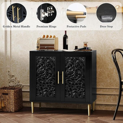 ARTPOWER Vintage Accent Cabinet with 2 Doors, Hollow Carving Buffet Cabinet, Sideboards and Buffets with Storage, Credenza for Living Room, Kitchen, Dining Room, Entryway, Hallway, Black