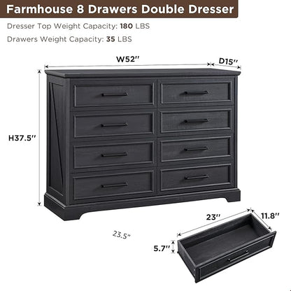 ACCOHOHO Farmhouse 8 Drawers Dresser Chests for Bedroom,52" Wide Wood Rustic Chest of Drawers with Metal Handle,Natural Texture,Drawer Organizer for Bedroom,Living Room,Hallway and Entryway,Black