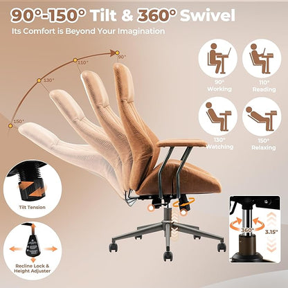 ovios Home Office Ergonomic Chair, Mid-Century Modern Luxury Faux Suede Leather Chairs, Comfy High Back Computer Swivel Rolling Task Armchair for Executive, Brown