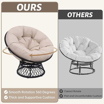 46" Giant Oversized Ergonomic Rattan Papasan Chair with Soft Thick Cushion for Adults, Fluid 360° Swivel, Waterproof, Black Frame with Beige Cushion