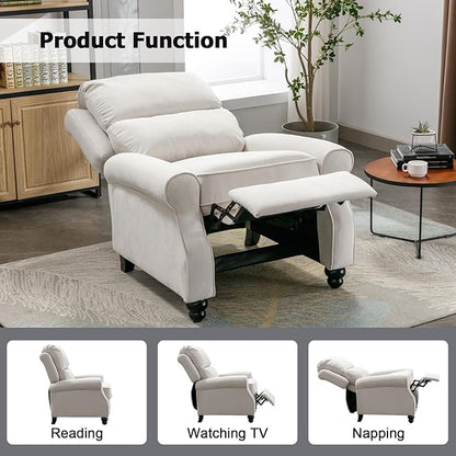 Push Back Recliner Chair, Fabric Armchair Overstuffed Pushback Recliner, Heavy Duty Single Sofa Chair with Padded Seat Solid Wood Legs for Living Room (White)