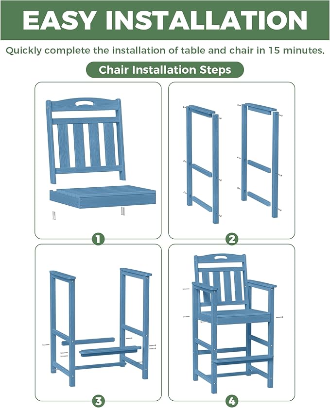 Outdoor Patio Bar Height Chair, All-Weather HDPE Tall Balcony Adirondack Stools for Bistro, Garden, Backyard, Deck | Blue