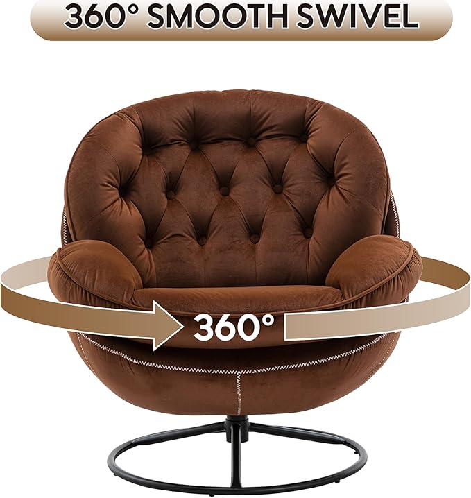 360° Swivel Modern Velvet Accent Chair with Ottoman | Mid-Century Button Tufted Lounge Chair for Living Room & Bedroom, Brown