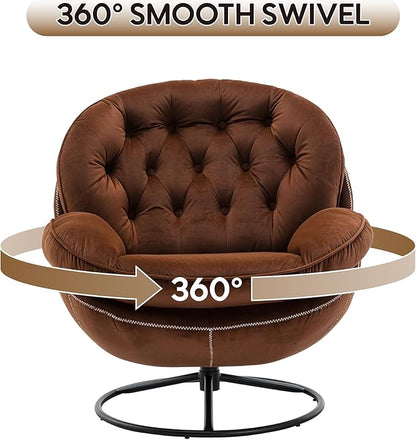 360° Swivel Modern Velvet Accent Chair with Ottoman | Mid-Century Button Tufted Lounge Chair for Living Room & Bedroom, Brown