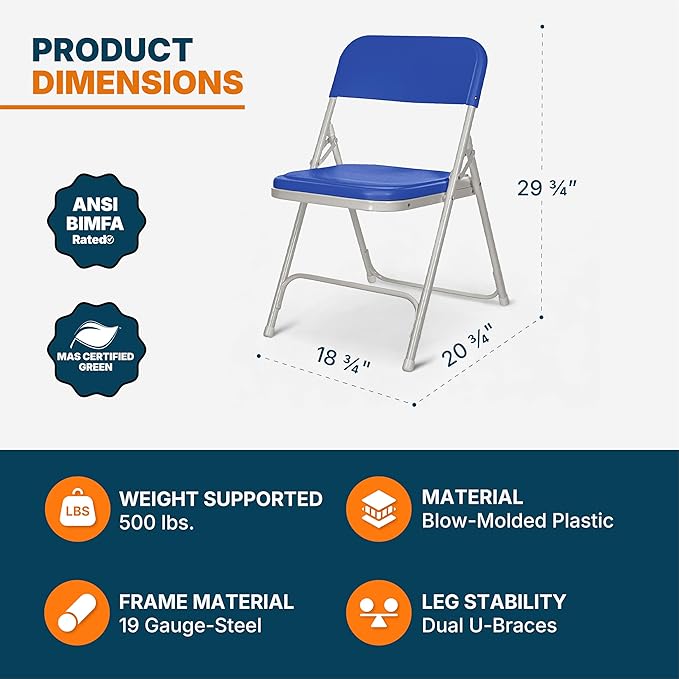 OEF Furnishings OEF800 Series Premium Heavy-Duty Plastic Folding Chairs, Lightweight, Durable Seating for Indoor and Outdoor Use, 500 lb Capacity (4-Pack, Blue Plastic with Gray Frame)