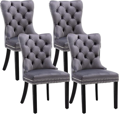 Velvet Dining Chairs Set of 4, Upholstered Dining Room Chairs with Nailhead Ring Pull Trim, Button Tufted Wing Back Chairs for Dining with Solid Wood Legs for Kitchen Dining Room(Grey)